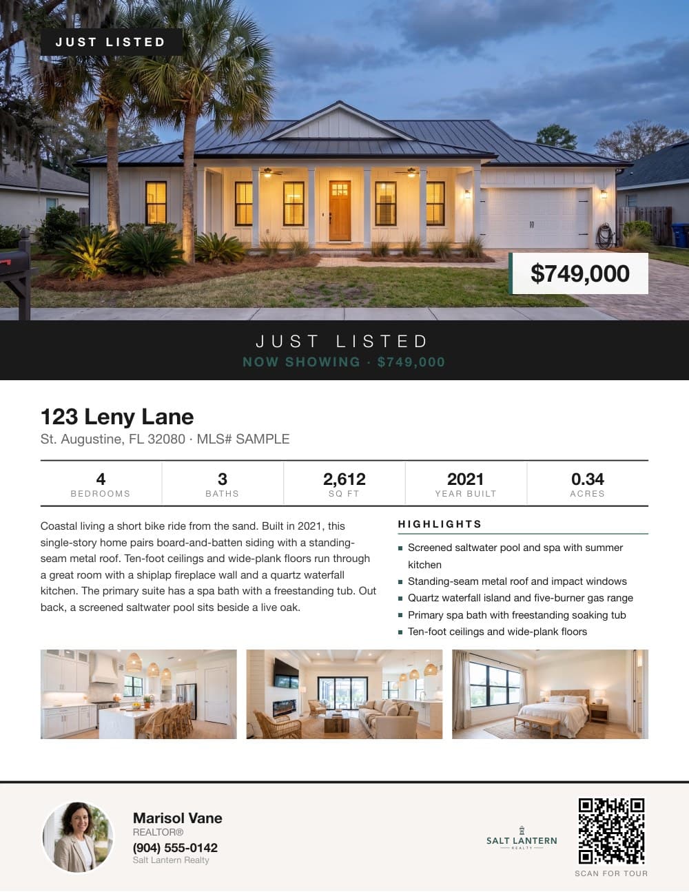 Print-ready Just Listed flyer for the sample 123 Leny Lane listing, with QR code