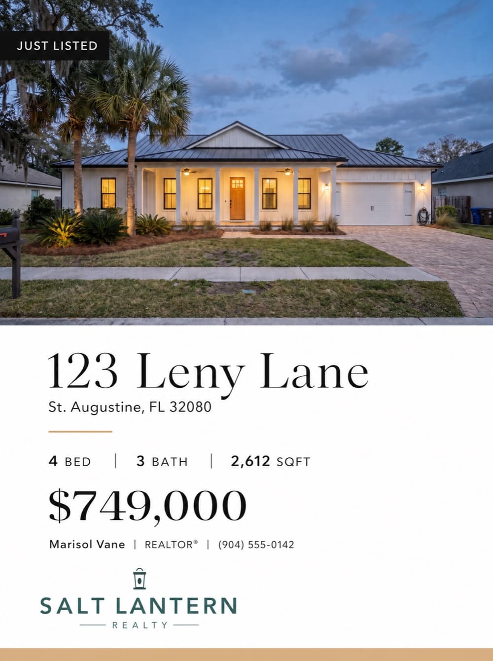 Just Listed Instagram post for the fictional 123 Leny Lane