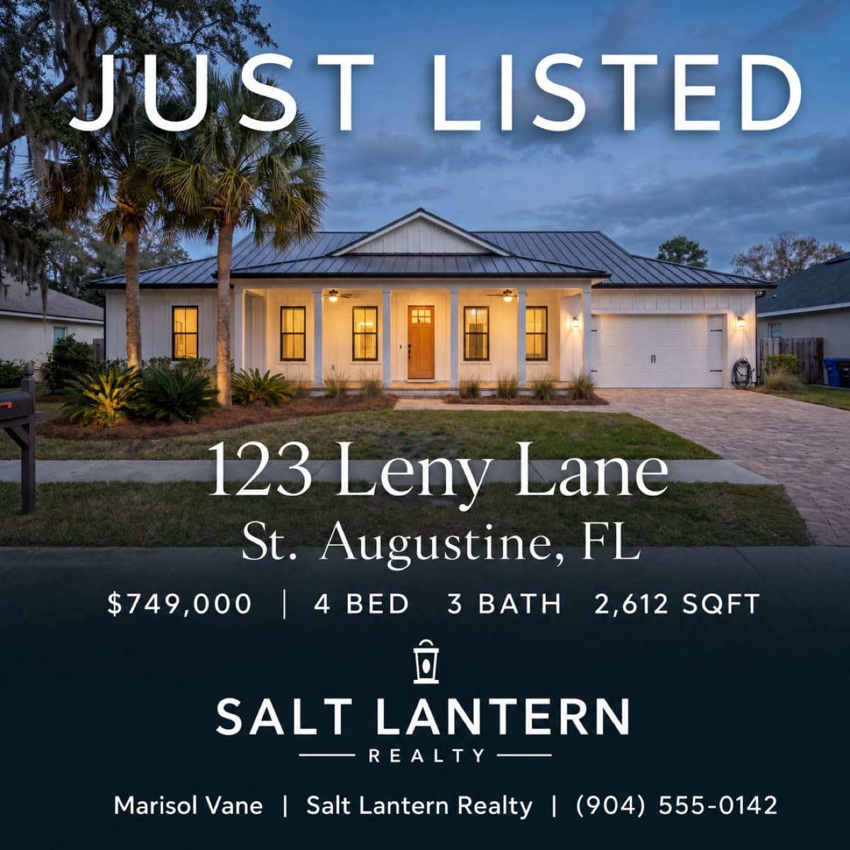 Square Just Listed announcement for the fictional 123 Leny Lane