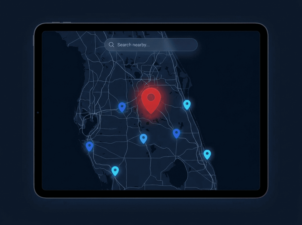Local map showing a highlighted business location pin in a Northeast Florida town